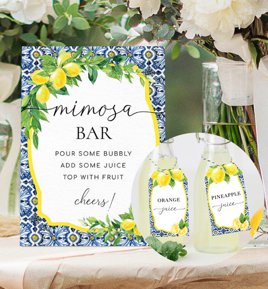 Printable Mimosa Bar Sign and Juice Tags, Positano Blue Tile Lemons, Bridal Shower Drinks Menu Sign, Baby Shower Momosa Bar, Cocktail Sign