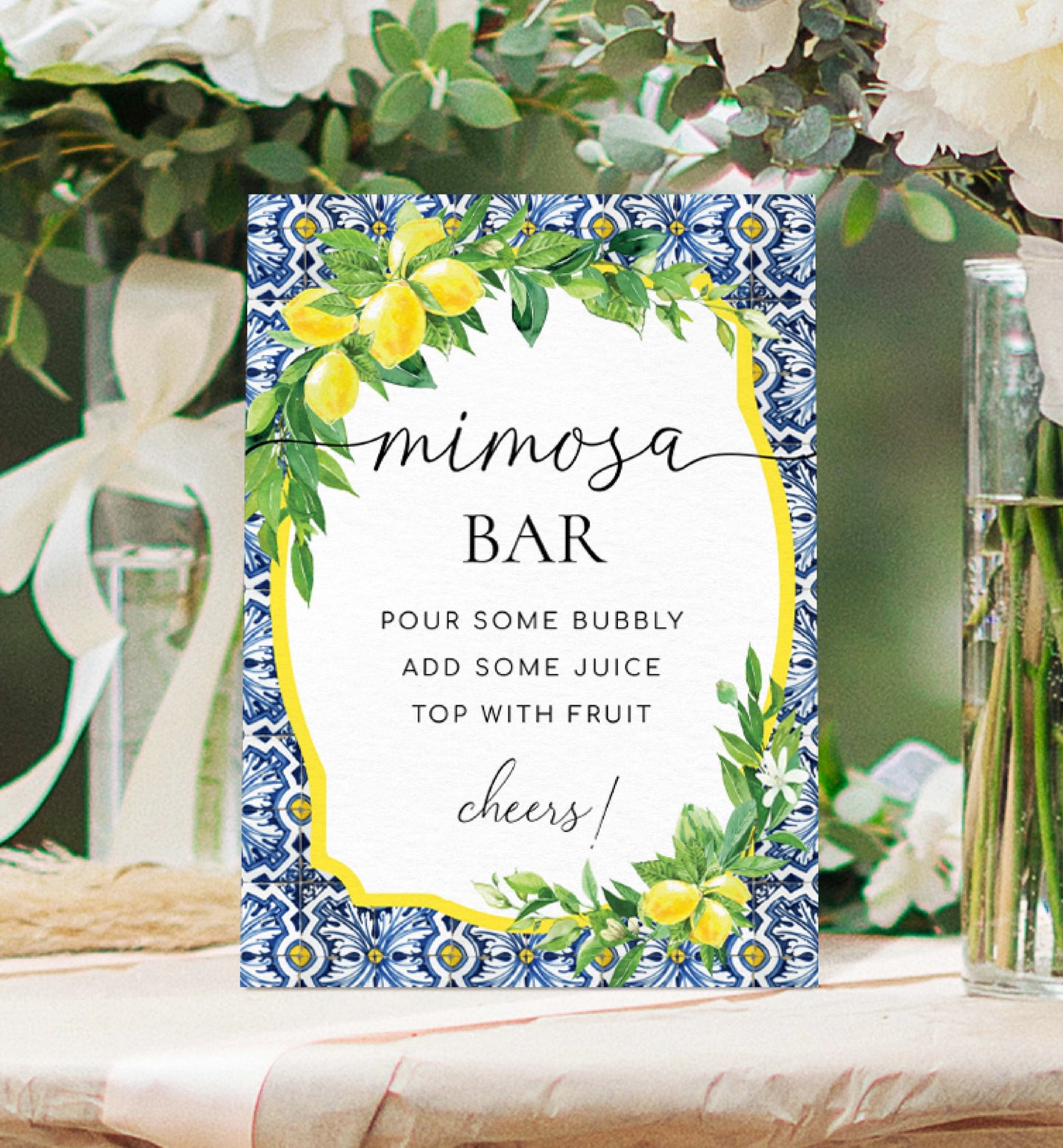 Printable Mimosa Bar Sign and Juice Tags, Positano Blue Tile Lemons, Bridal Shower Drinks Menu Sign, Baby Shower Momosa Bar, Cocktail Sign