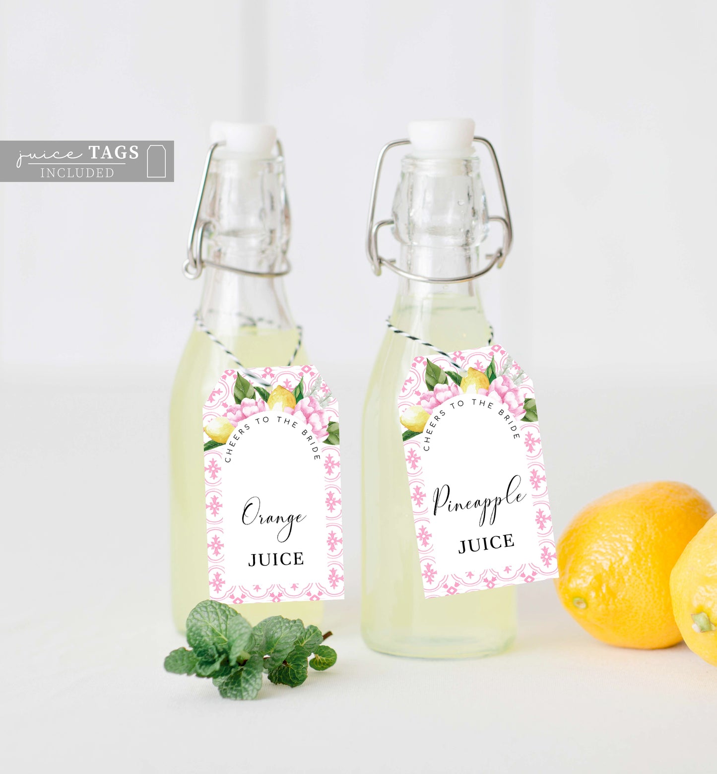 The Med Arch Pink Lemons | Printable Mimosa Bar Sign and Juice Tags Template