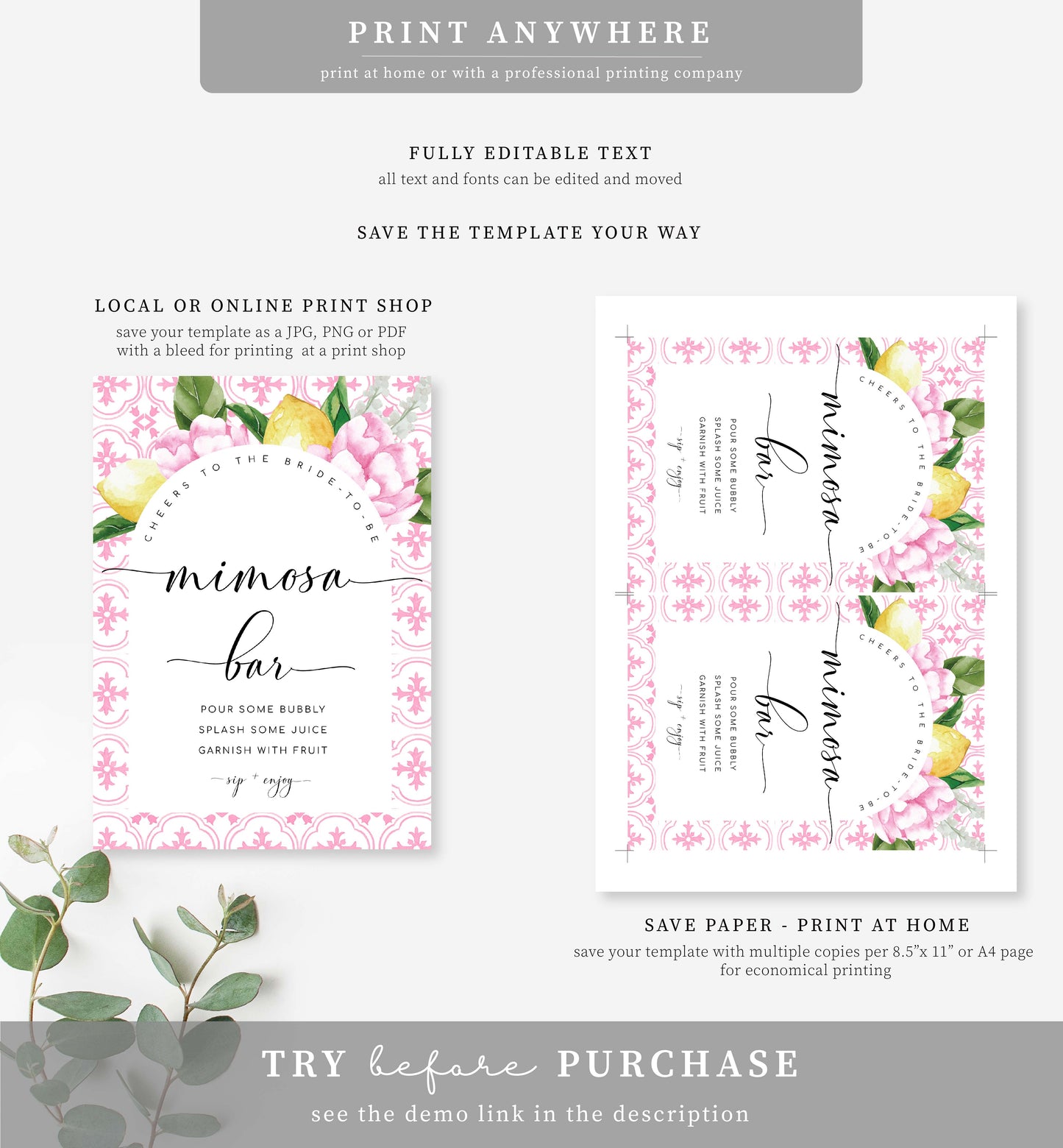 The Med Arch Pink Lemons | Printable Mimosa Bar Sign and Juice Tags Template