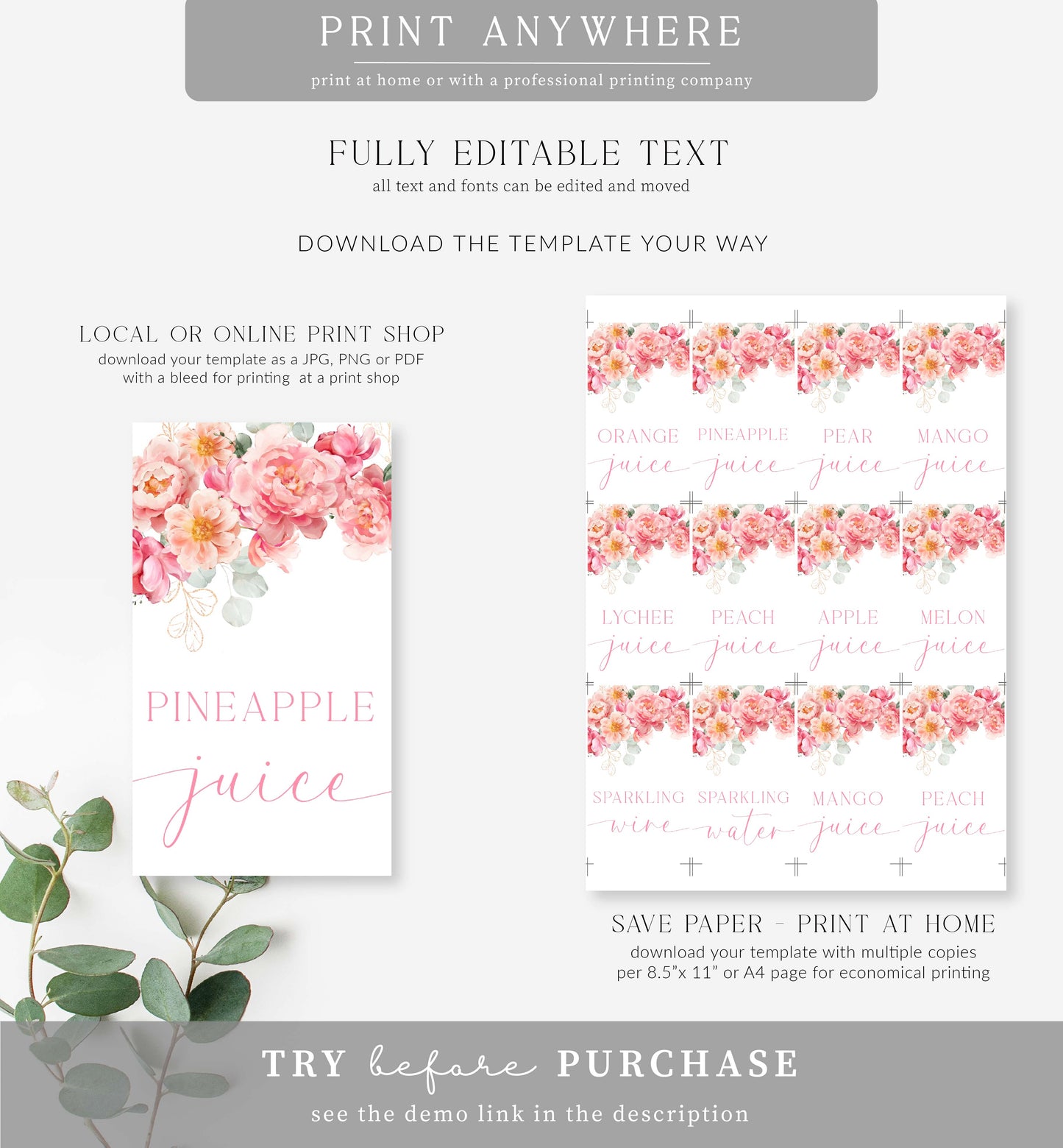 Piper Floral Pink | Printable Mimosa Bar Sign and Juice Tags Template