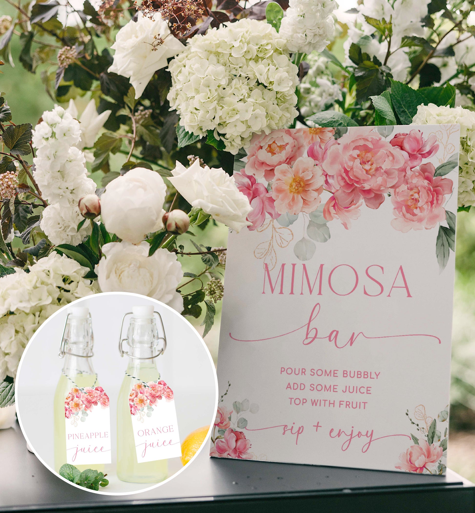 Pink Peony Mimosa Bar Sign and Juice Tags, Printable Bridal Shower Cocktail Menu, Blush Floral Baby Shower Mimosa Bar Sign, Piper