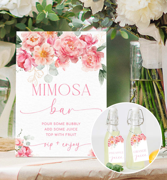 Pink Peony Mimosa Bar Sign and Juice Tags, Printable Bridal Shower Cocktail Menu, Blush Floral Baby Shower Mimosa Bar Sign, Piper