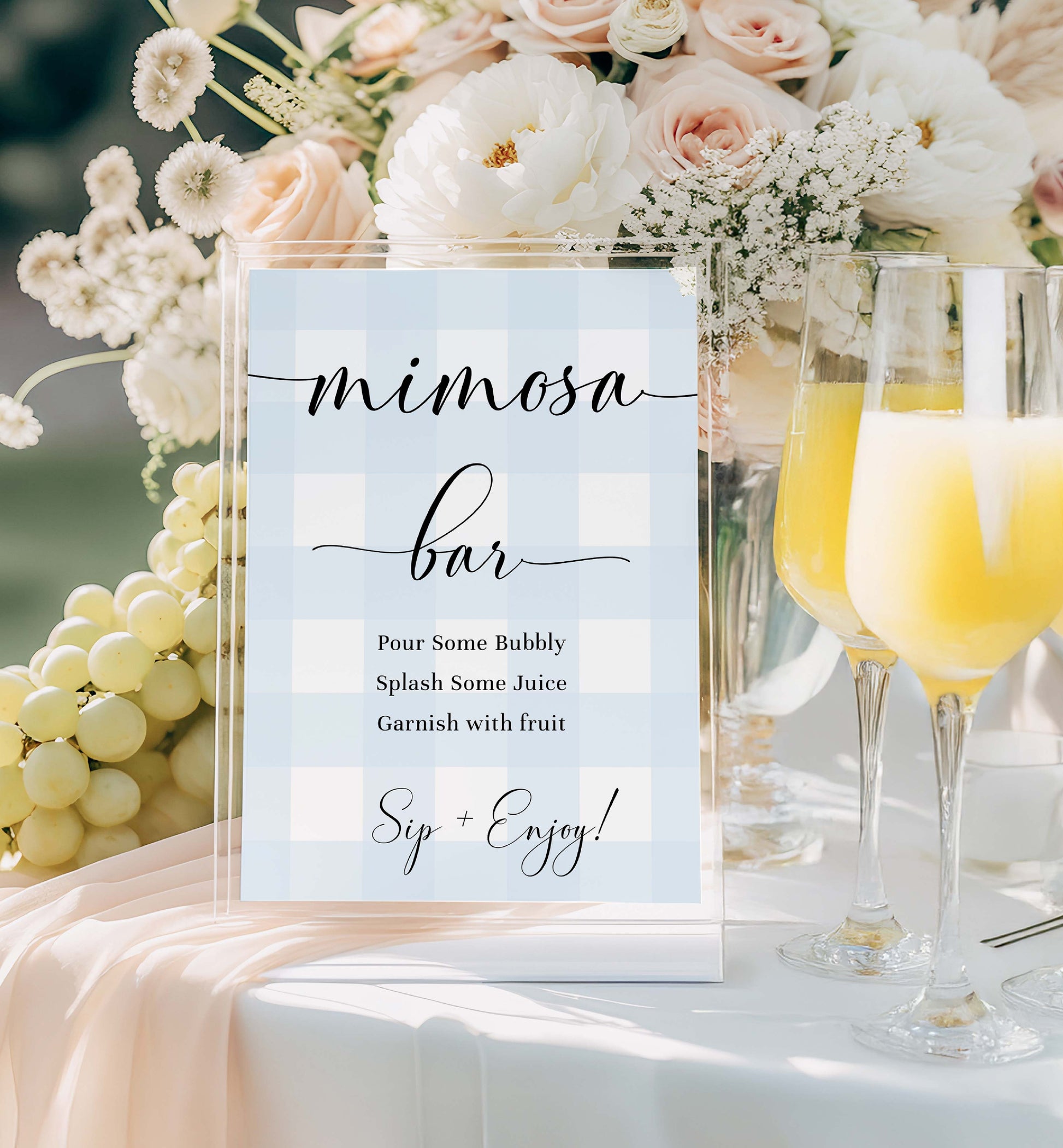 Printable Mimosa Bar Sign, Blue Gingham Mimosa Bar Sign, Editable Printable Boy Baby Shower Mom-osa Bar Sign, Boy Baby Shower Drinks Sign