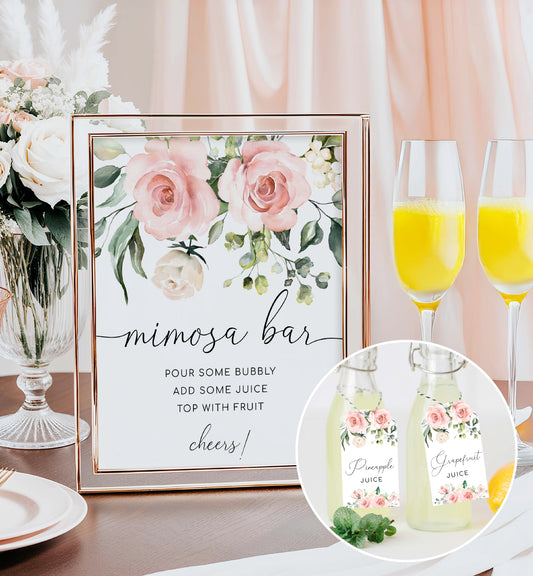 Mimosa bar setup with floral sign, glasses, and juice bottles.
Blush Floral Mimosa Bar Sign, Printable Bridal Shower Mimosa Bar Sign, Girl Baby Shower Mimosa Bar Sign, Cocktail Menu, Mocktail Menu, Darcy