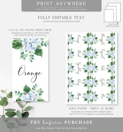 Ferras Blossom Blue | Printable Mimosa Bar Sign and Juice Tags Template