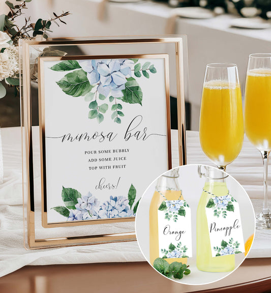 Mimosa bar sign with floral design, glasses of orange juice, and bottles labeled 'Orange' and 'Pineapple'. Printable Mimosa Bar Sign and Juice Tags Template, Blue Hydrangea Boy Baby Shower Drinks Bar Menu Sign, Gender Neutral, Ferras Blossom