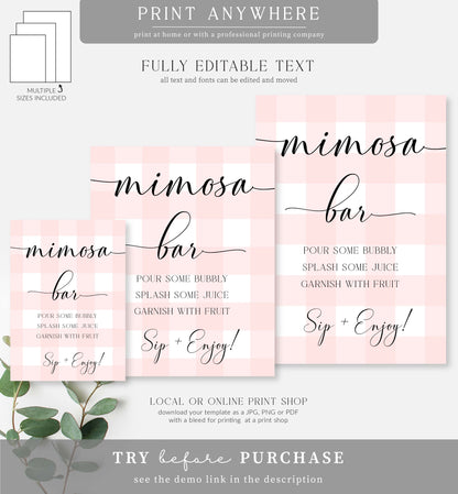 Gingham Pink | Printable Mimosa Bar Sign and Juice Tags