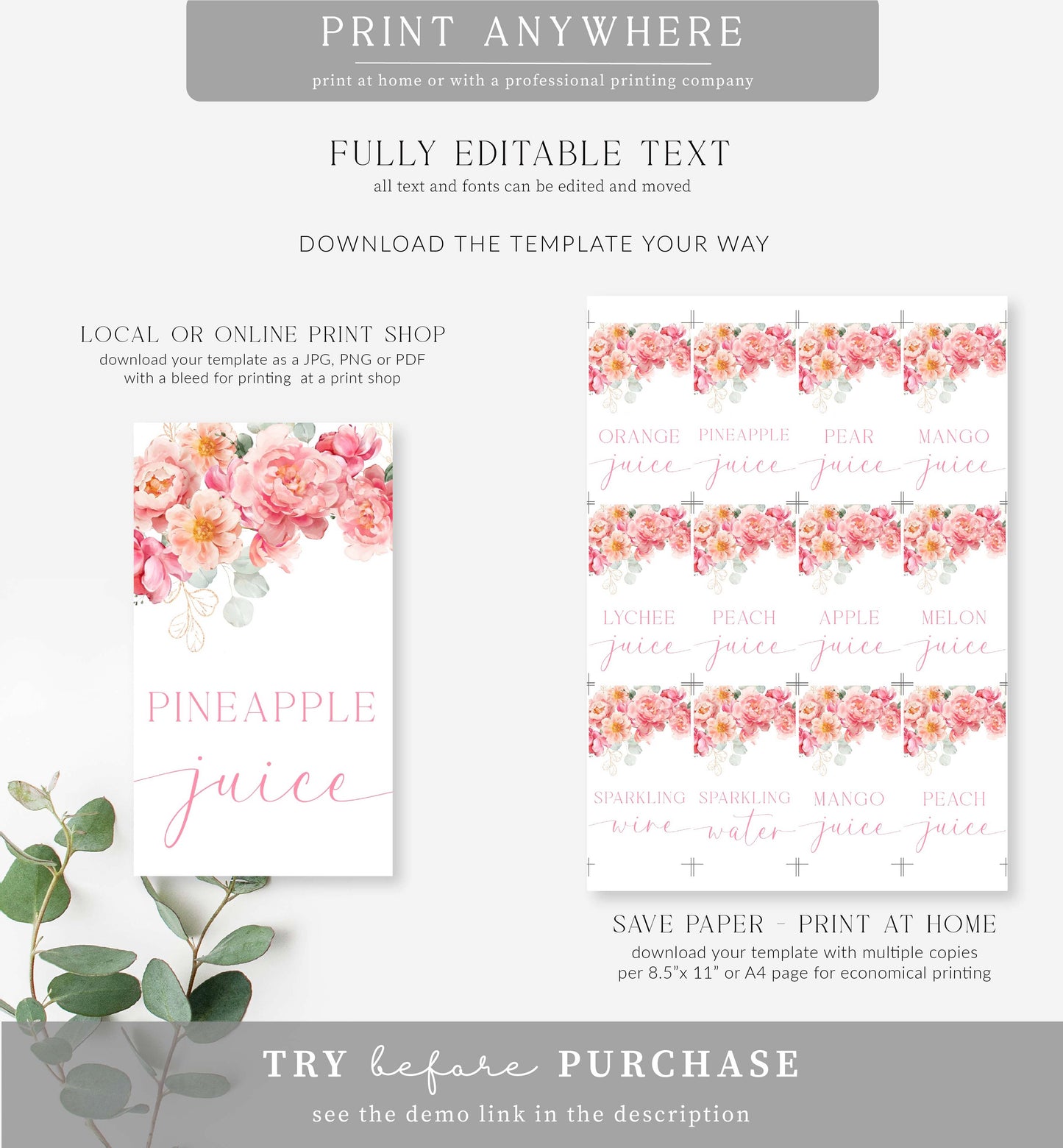 Piper Floral Pink | Printable Momosa Bar Sign and Juice Tags Template