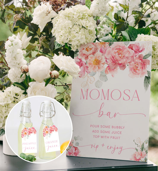 Pink Peony Momosa Bar Sign and Juice Tags, Printable Baby Shower Mocktail Menu, Blush Floral Baby Shower Mimosa Bar Sign, Piper