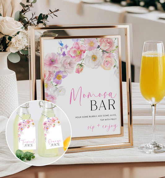 Momosa Bar Sign and Juice Tags, Printable Baby Shower Cocktail Menu, Hot Pink Wildflowers, Baby Shower Mimosa Bar Sign, Eloise