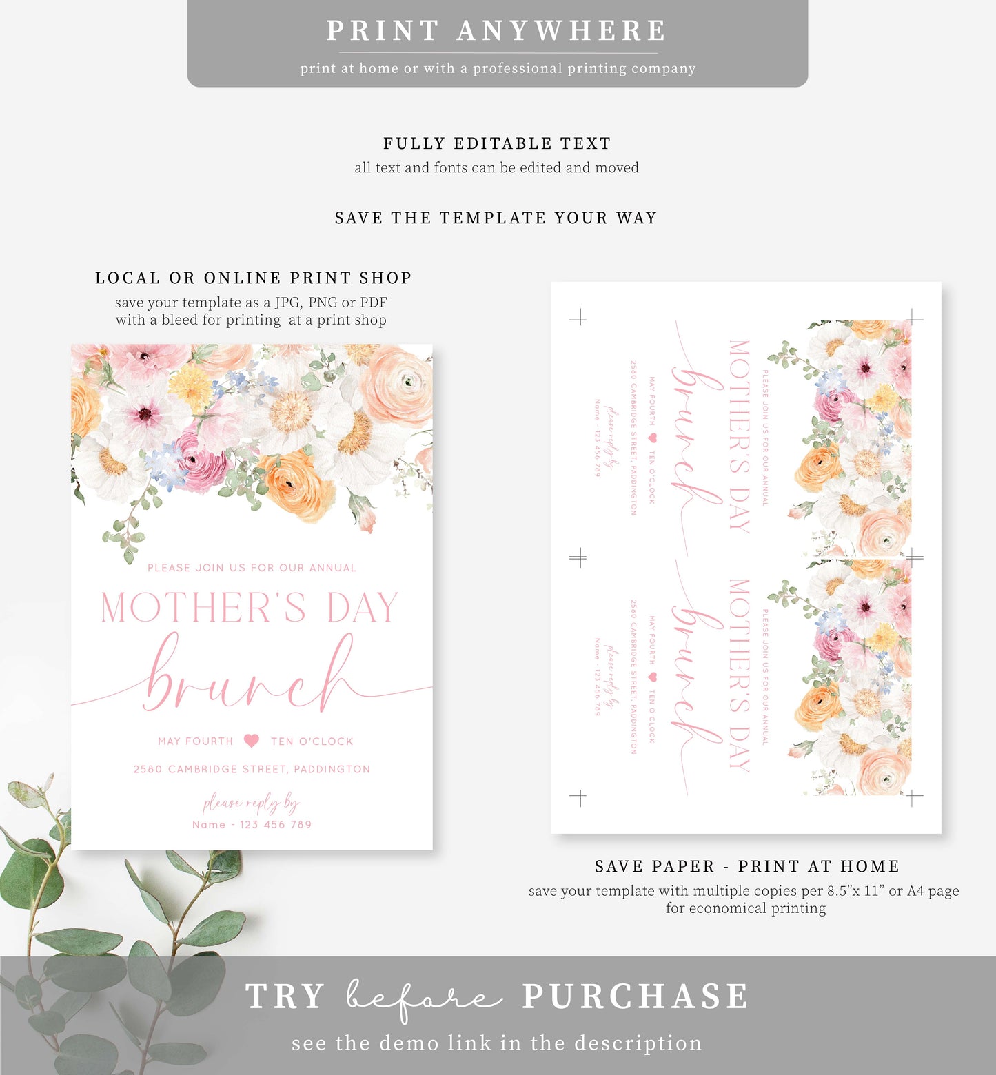 Millie Floral White | Printable Mother's Day Invitation Template