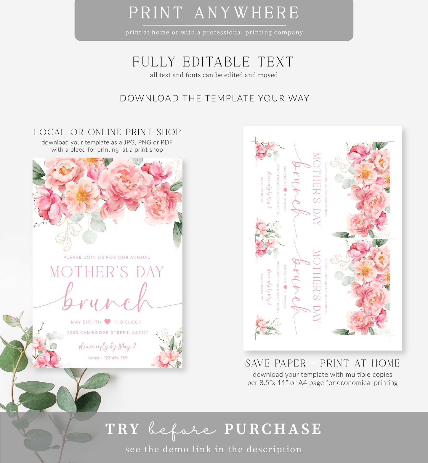 Piper Floral White | Printable Mother's Day Invitation Template