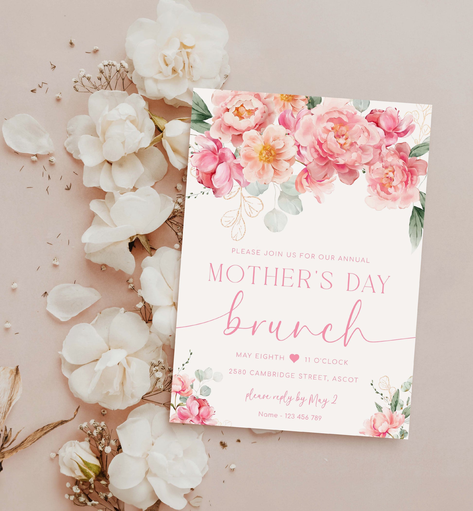 Blush Floral Mother's Day Brunch Invitation Editable Template, Hot Pink Peony Spring Floral, Printable Mother's Day Lunch Invitation, Piper
