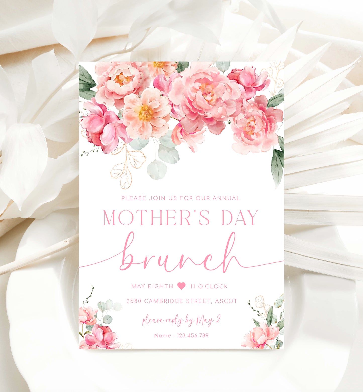 Blush Floral Mother's Day Brunch Invitation Editable Template, Hot Pink Peony Spring Floral, Printable Mother's Day Lunch Invitation, Piper
