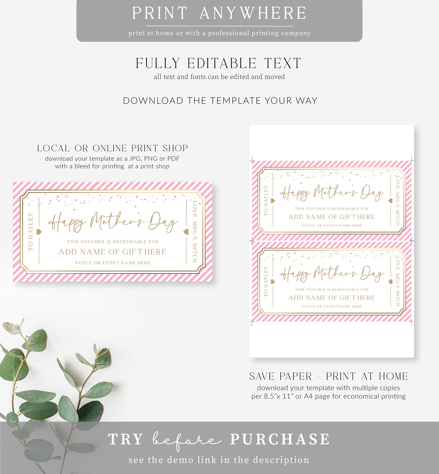 Stripe Pink Gold | Printable Mother's Day Gift Voucher Template