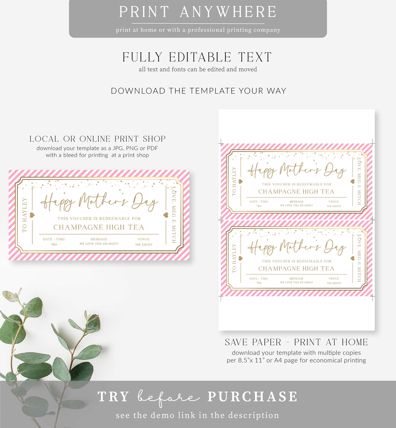 Paintly Pink Gold | Printable Mother's Day HigH Tea Gift Voucher Templ ...