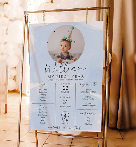 Blue Watercolour Photo First Birthday Milestone Board, Printable Baby's First Year Milestone Poster, 12 Months Milestone Photo Sign