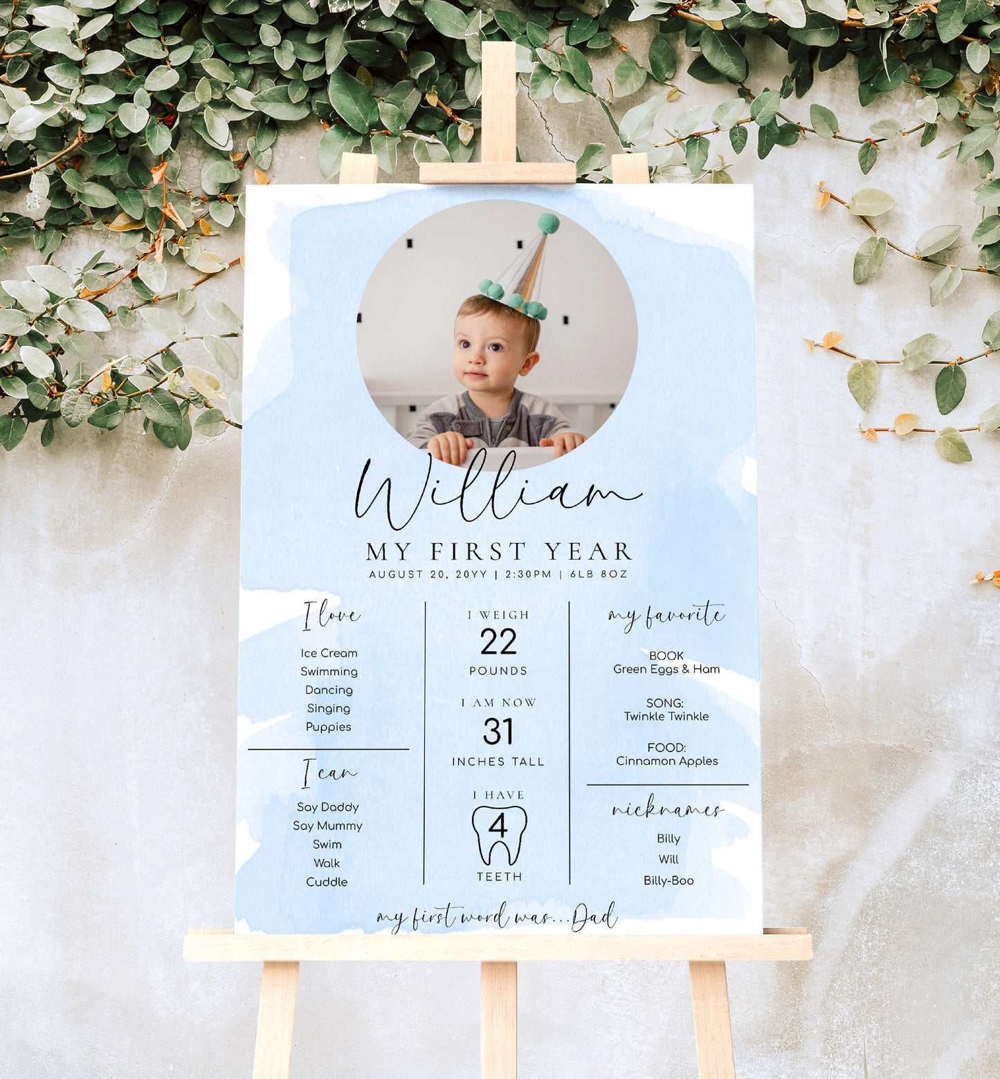 Blue Watercolour Photo First Birthday Milestone Board, Printable Baby's First Year Milestone Poster, 12 Months Milestone Photo Sign