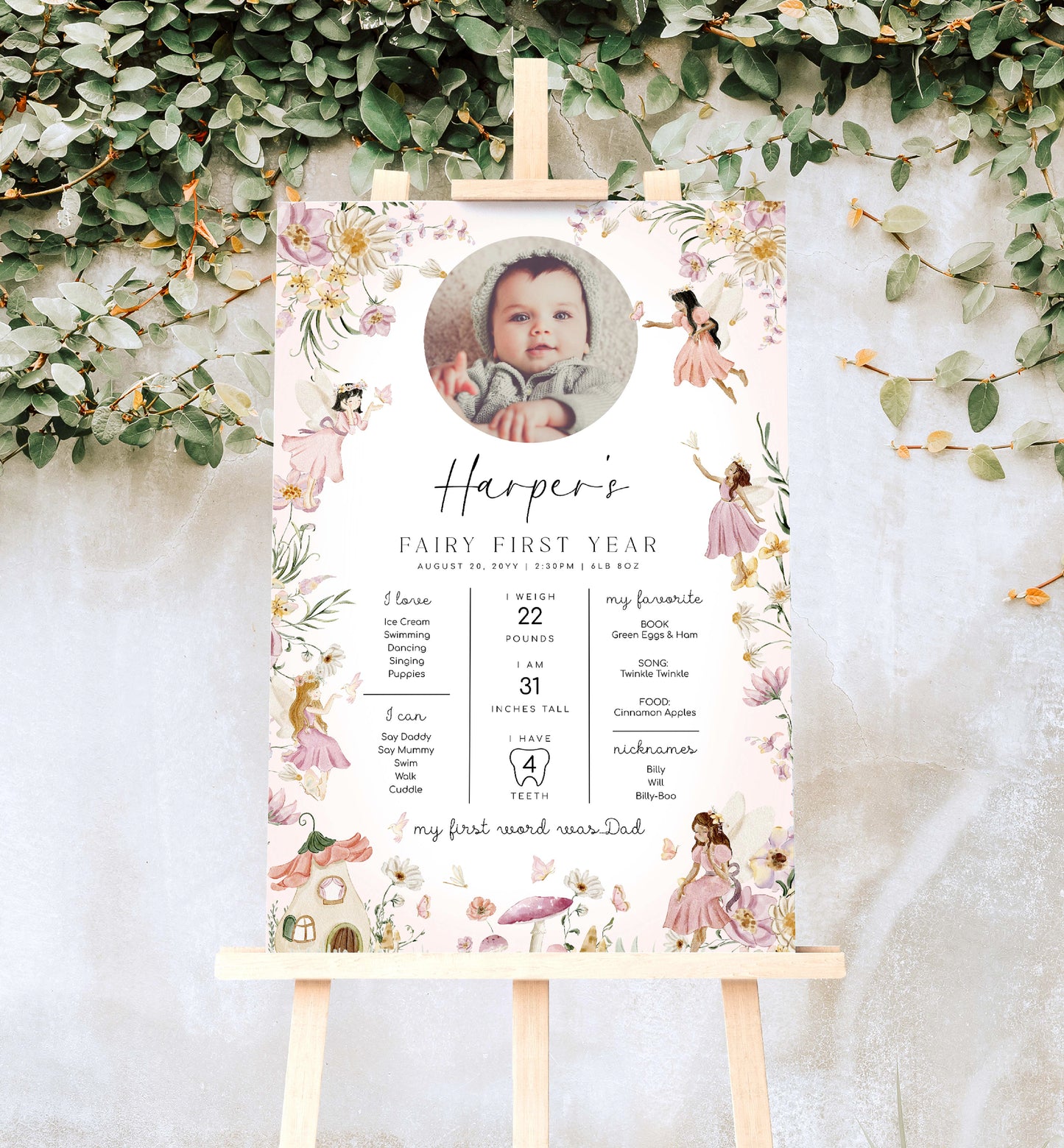 Fairy Photo First Birthday Milestone Board, Printable Baby's First Year Milestone Poster, 1st Birthday 12 Months Milestone Photo Sign