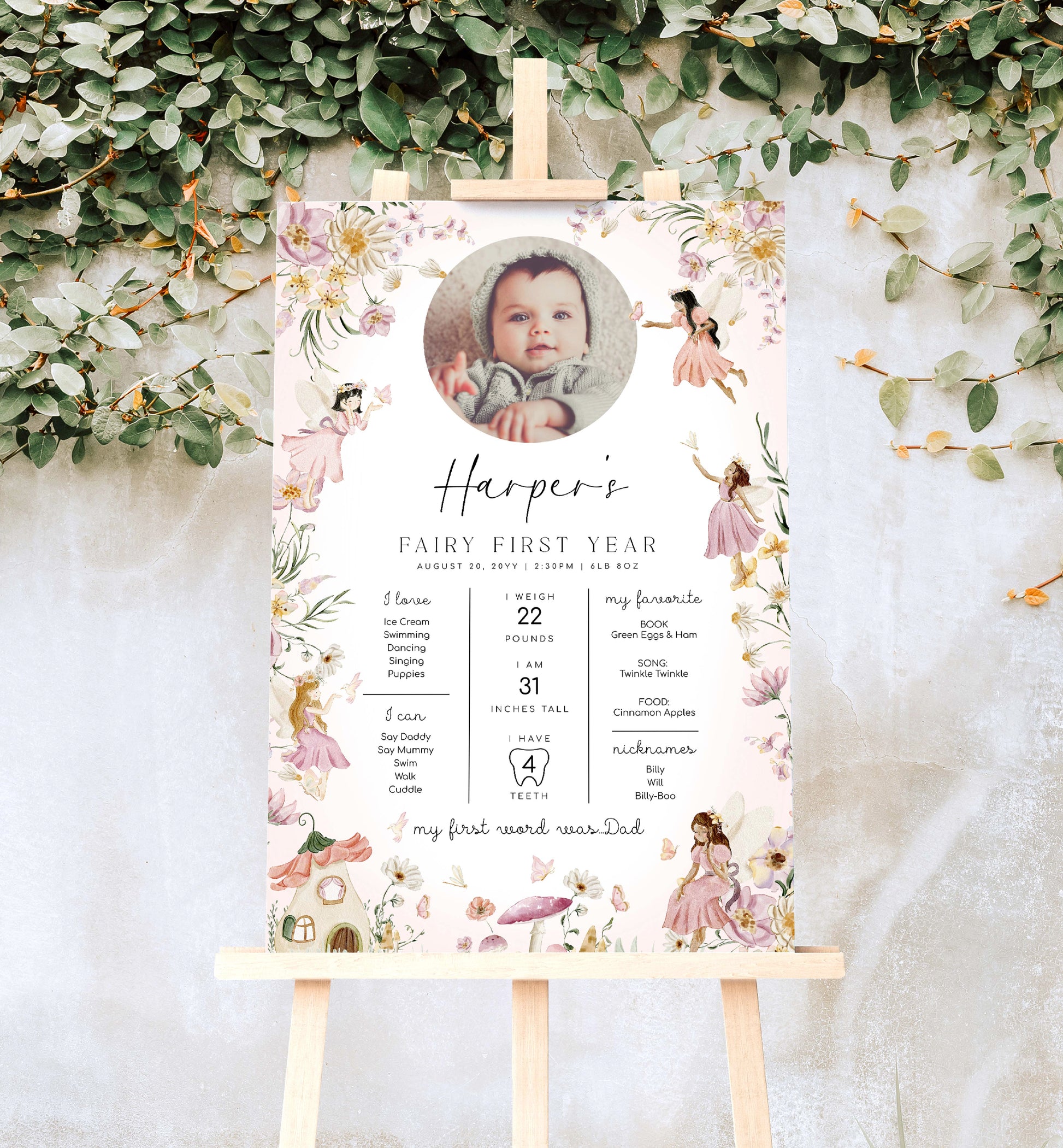 Fairy Photo First Birthday Milestone Board, Printable Baby's First Year Milestone Poster, 1st Birthday 12 Months Milestone Photo Sign