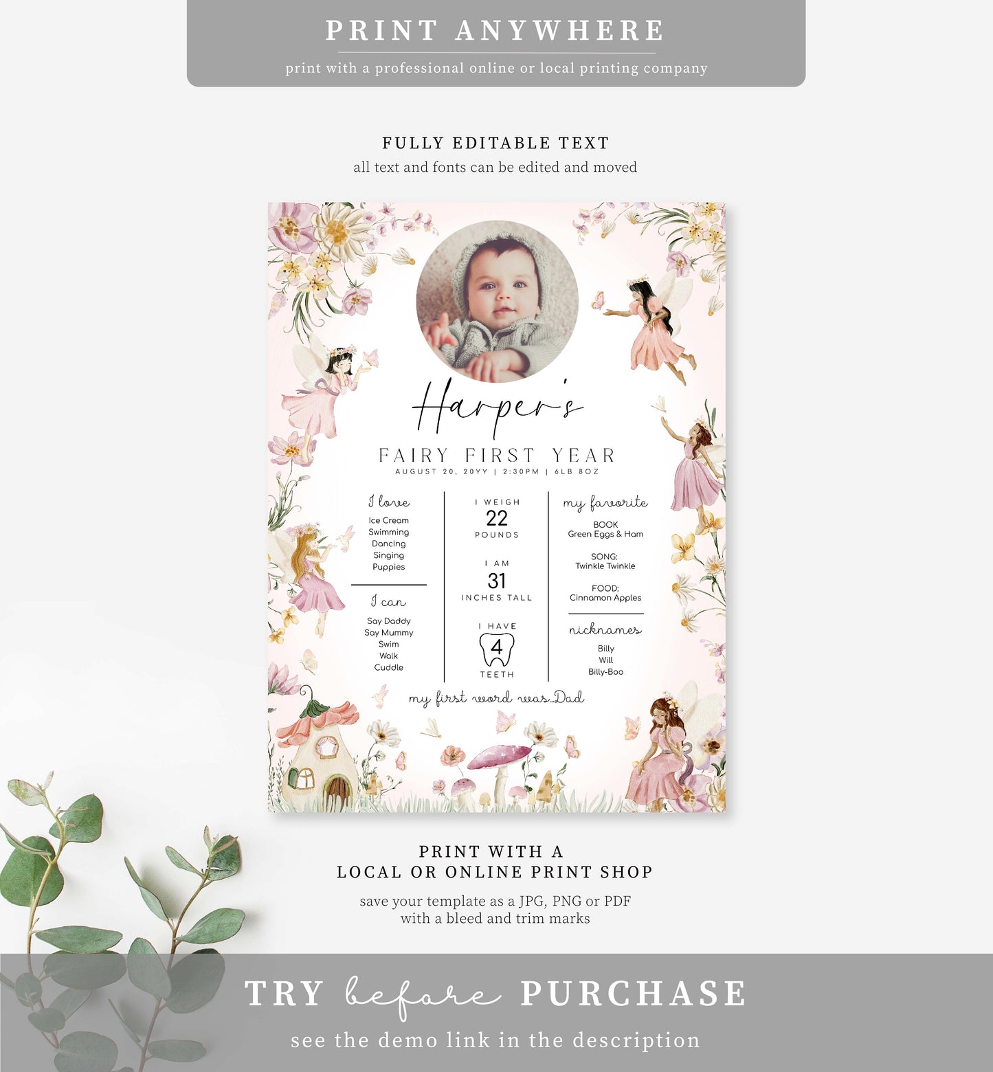 Fairy Multi | Printable First Birthday Milestone Sign Template