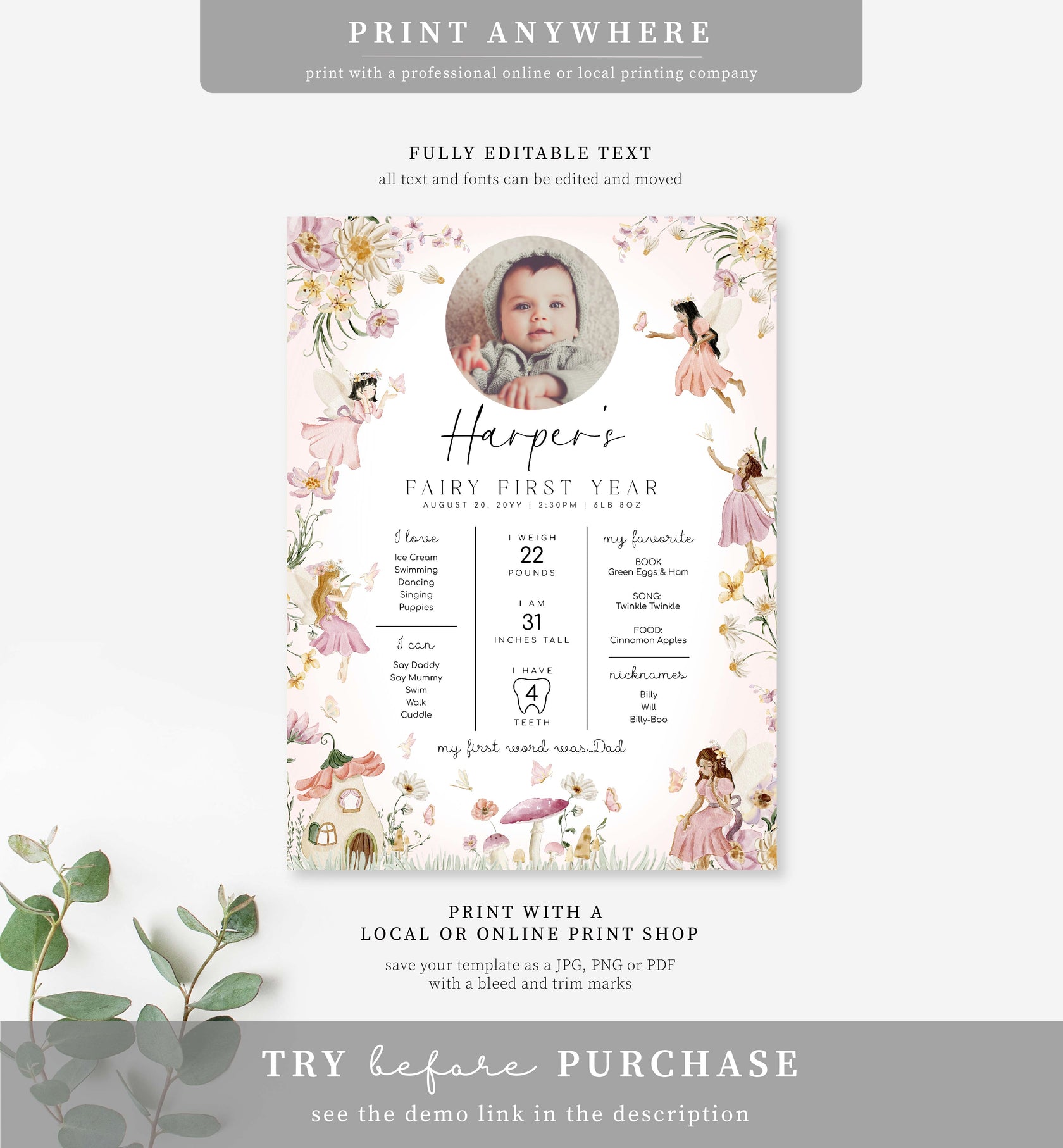 Fairy Multi | Printable First Birthday Milestone Sign Template – Black ...
