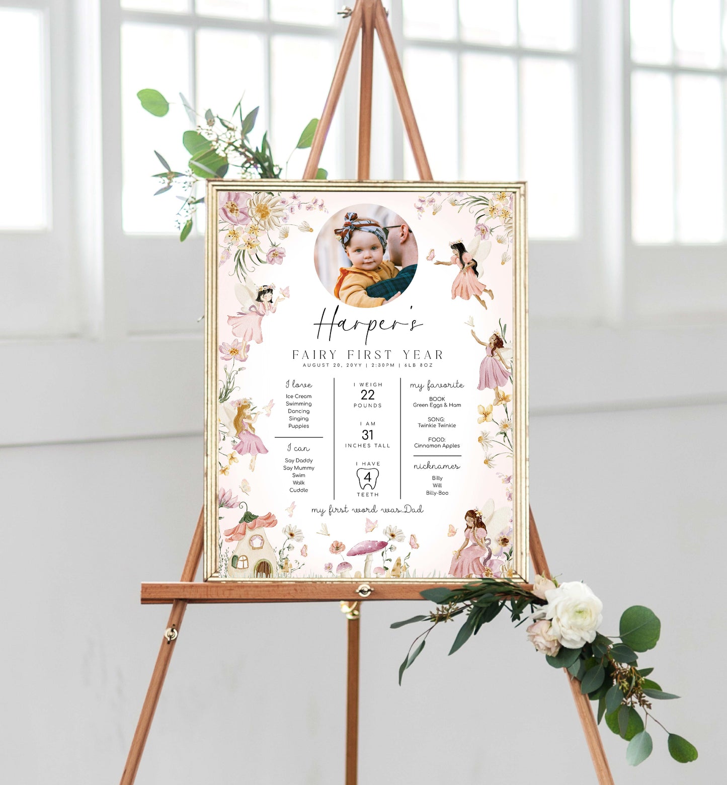 Fairy Photo First Birthday Milestone Board, Printable Baby's First Year Milestone Poster, 1st Birthday 12 Months Milestone Photo Sign