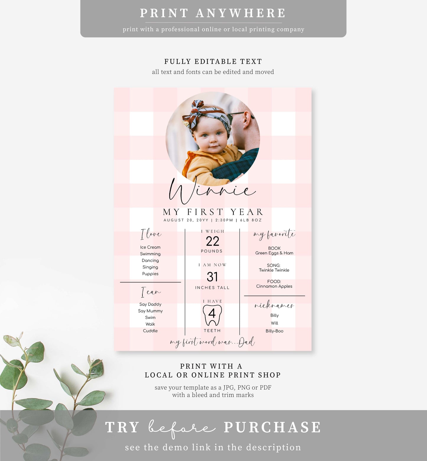 Gingham Pink | Printable First Birthday Milestone Sign Template