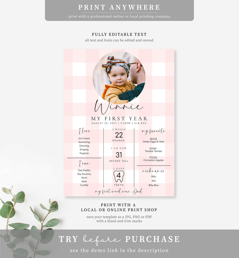 Gingham Pink | Printable First Birthday Milestone Sign Template – Black ...