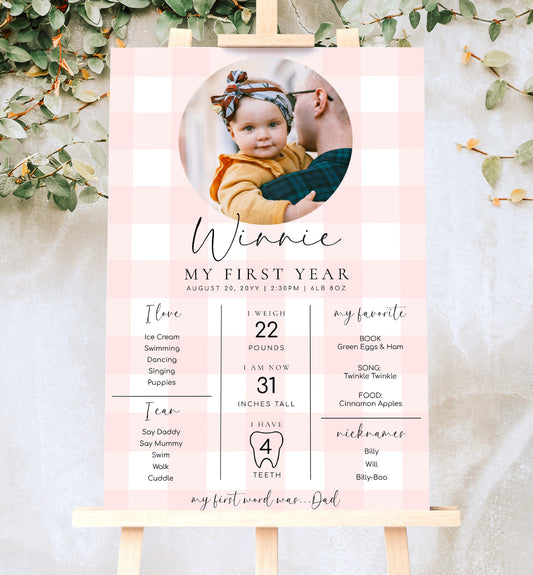 Printable Baby Milestone Board, Pink Gingham Check, Baby's First Year Poster, 1st Birthday 12 Months Milestone Photo Banner Sign