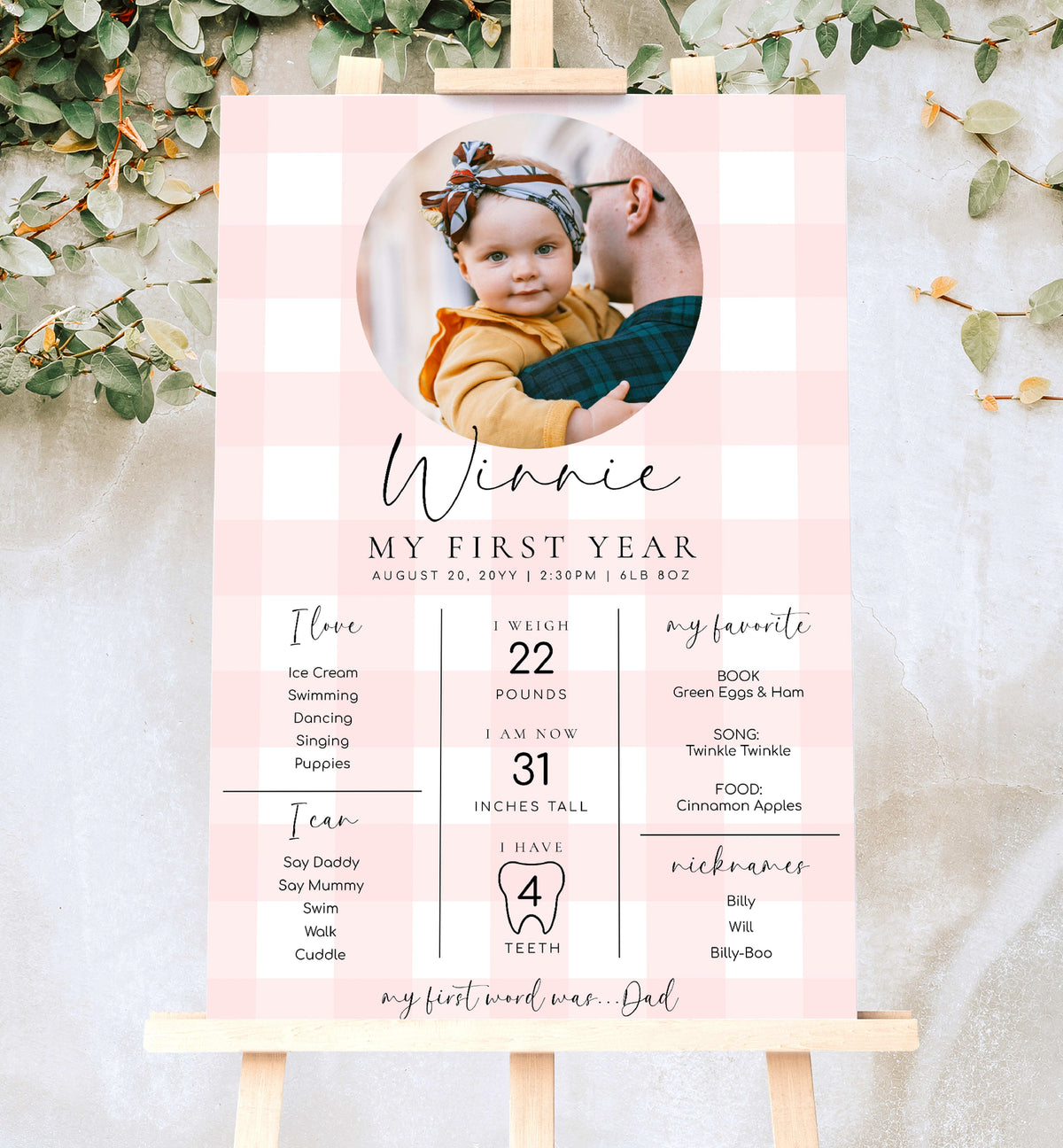 Gingham Pink | Printable First Birthday Milestone Sign Template – Black ...