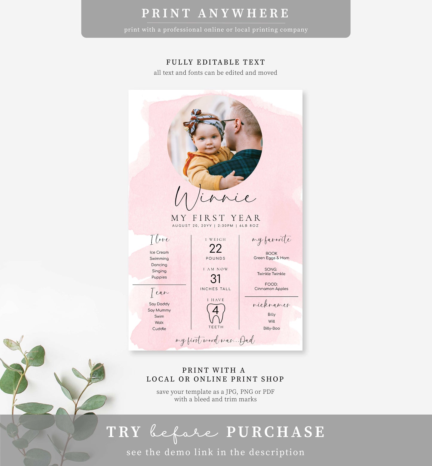 Watercolour Pink | Printable First Birthday Milestone Sign Template