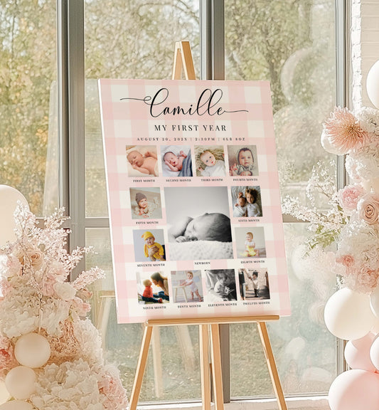 Collage of baby photos on a pink poster titled 'Camille My First Year' displayed on an easel with floral decorations. Printable First Birthday Photo Timeline Sign, Pink Gingham 1st Birthday Photo Banner, First Year Photo Collage Sign, Monthly Milestone Sign,