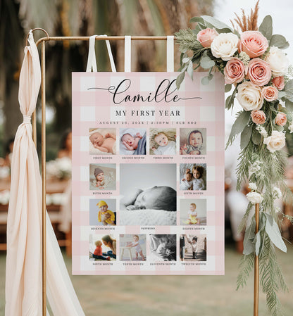 Baby milestone photo display with floral decorations. Printable First Birthday Photo Timeline Sign, Pink Gingham 1st Birthday Photo Banner, First Year Photo Collage Sign, Monthly Milestone Sign,