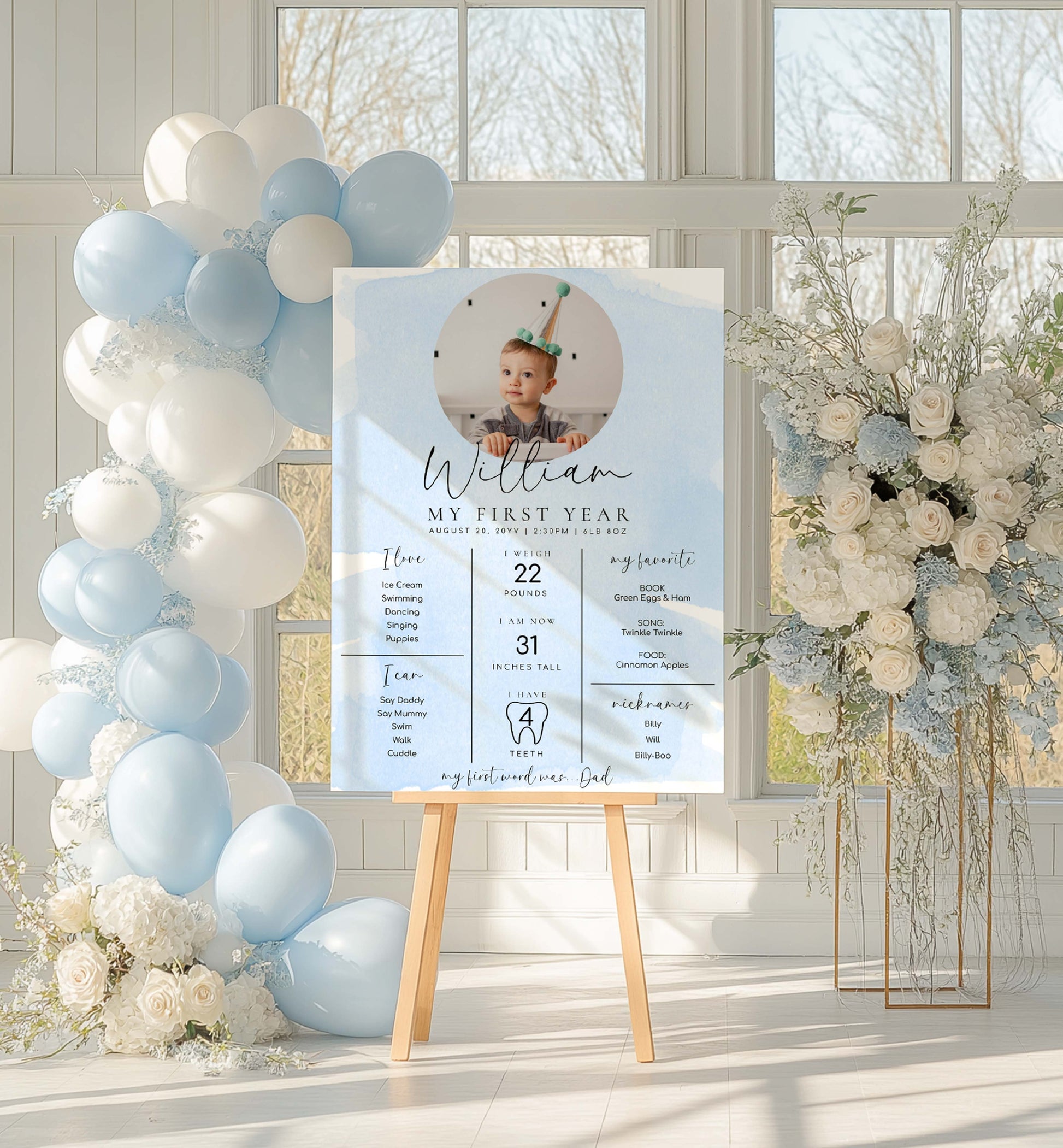 Baby milestone sign on an easel with balloons and flowers in a decorative setting. Blue Watercolour Photo First Birthday Milestone Board, Printable Baby's First Year Milestone Poster, 12 Months Milestone Photo Sign