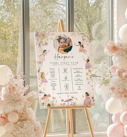Decorative milestone board for a child's first year on an easel with floral and fairy design, surrounded by balloons and flowers. Fairy Princess Photo First Birthday Milestone Board, Printable Babys First Year Milestone Poster, 1st Birthday 12 Months Milestone Photo Sign