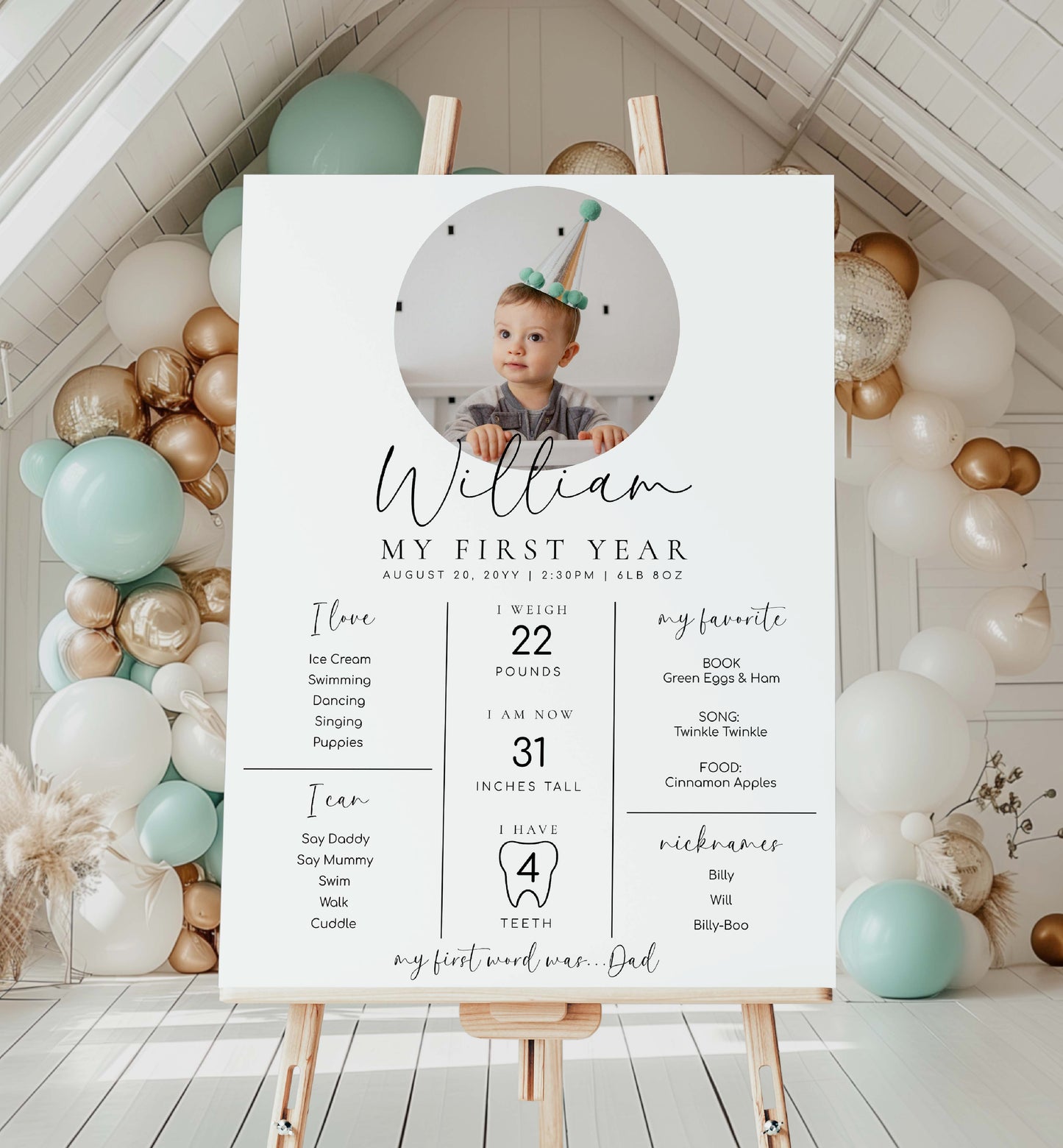 Minimalist Photo First Birthday Milestone Board, Printable Baby's First Year Milestone Poster, 1st Birthday 12 Months Milestone Photo Sign