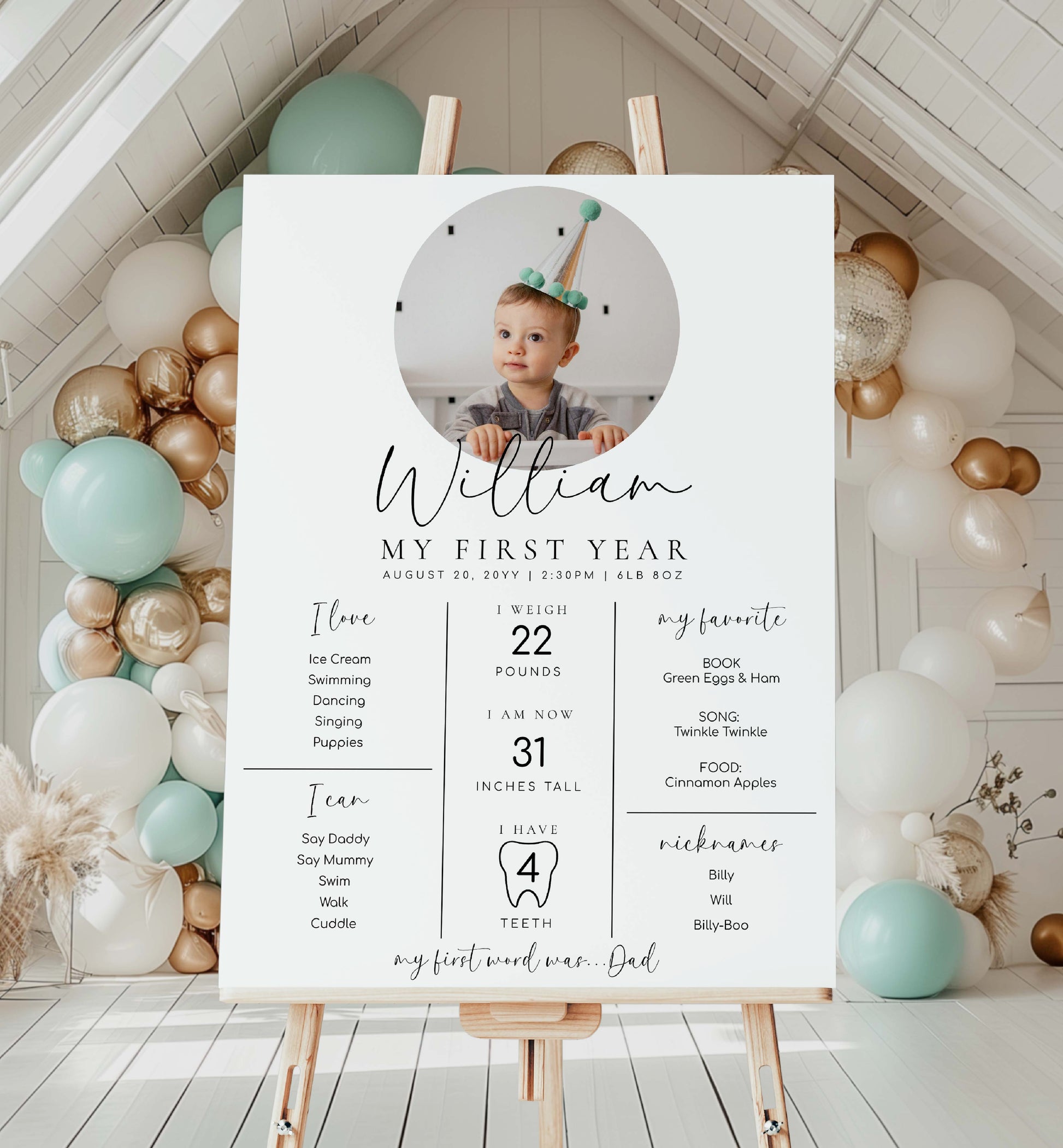 Minimalist Photo First Birthday Milestone Board, Printable Baby's First Year Milestone Poster, 1st Birthday 12 Months Milestone Photo Sign