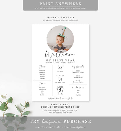 Minimalist | Printable First Birthday Milestone Sign Template