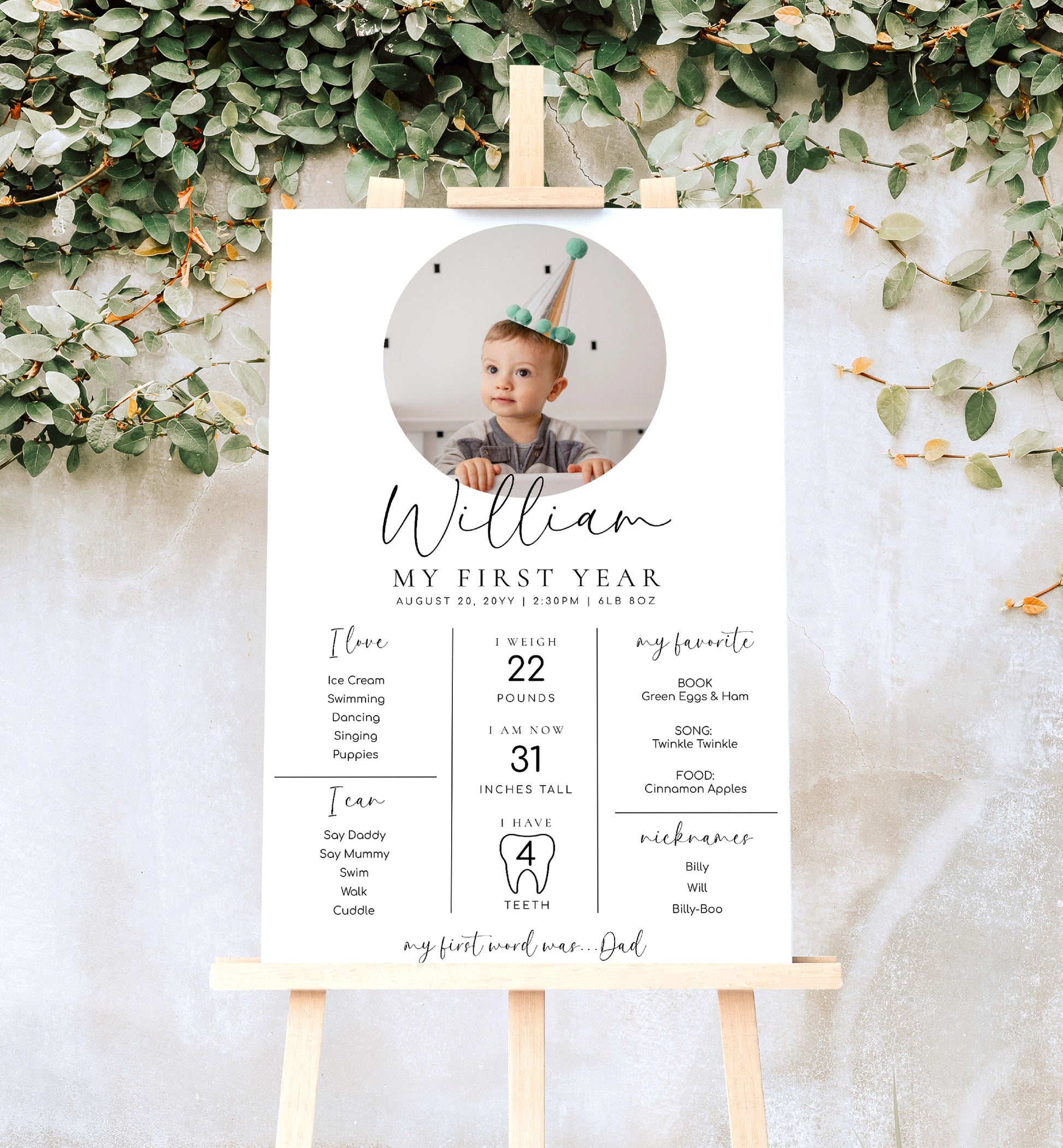 Minimalist Photo First Birthday Milestone Board, Printable Baby's First Year Milestone Poster, 1st Birthday 12 Months Milestone Photo Sign
