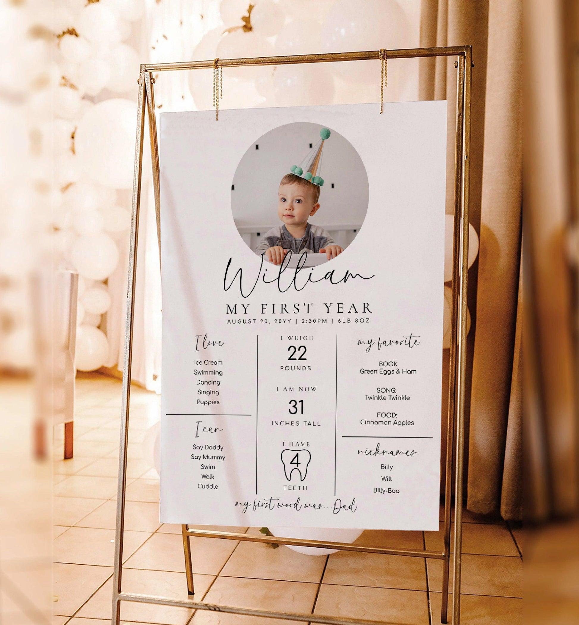 Minimalist Photo First Birthday Milestone Board, Printable Baby's First Year Milestone Poster, 1st Birthday 12 Months Milestone Photo Sign