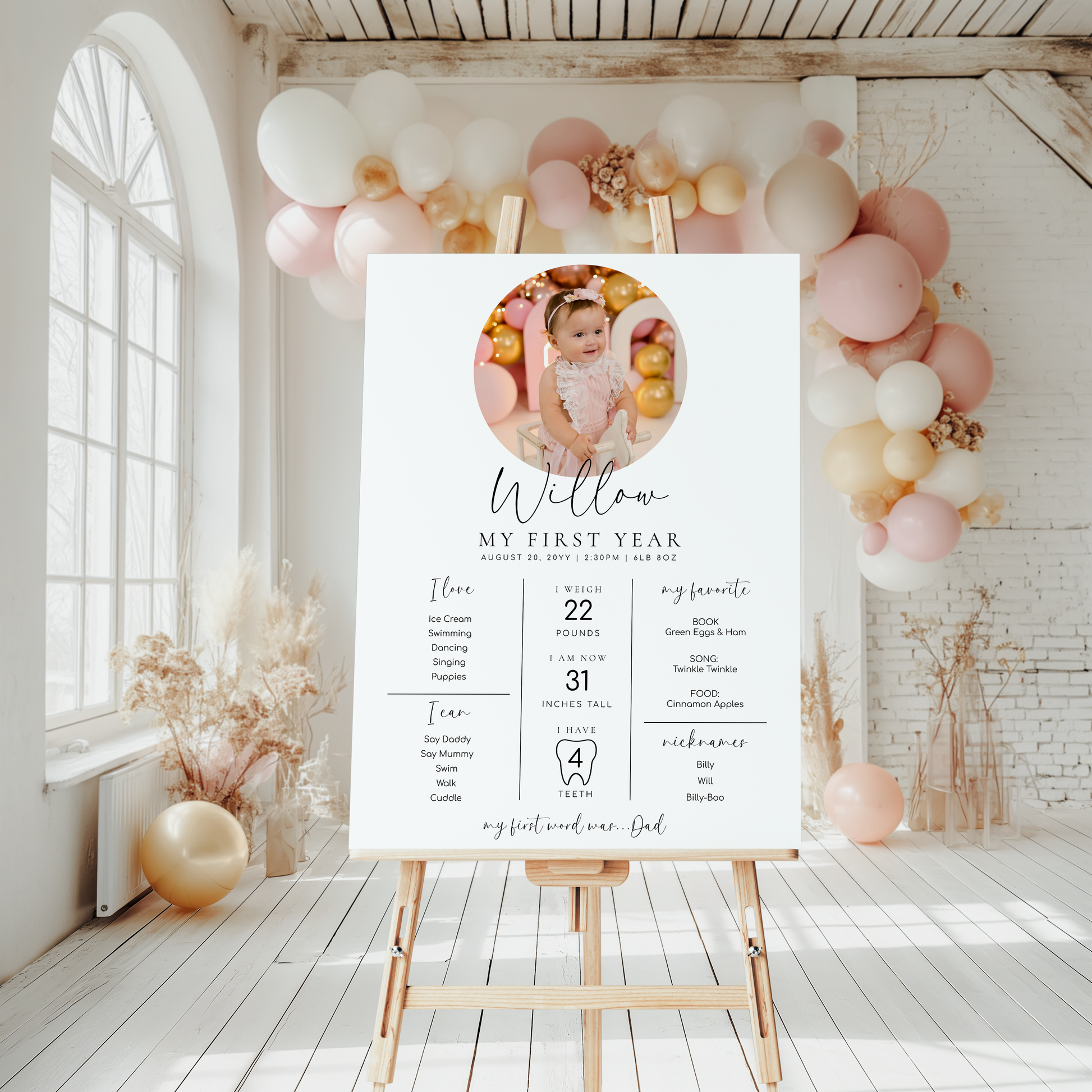 Minimalist Photo First Birthday Milestone Board, Printable Baby's First Year Milestone Poster, 1st Birthday 12 Months Milestone Photo Sign