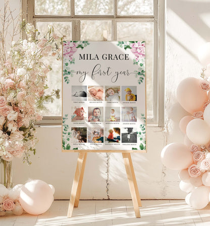 Personalized photo collage poster for 'Mila Grace' on an easel with floral decorations.