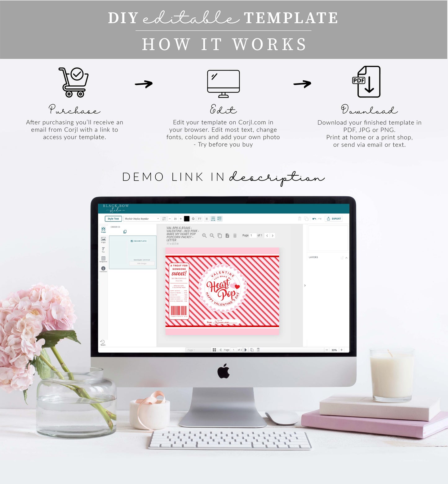 Stripe Red Pink | Printable Valentine's Day Popcorn Bag Template