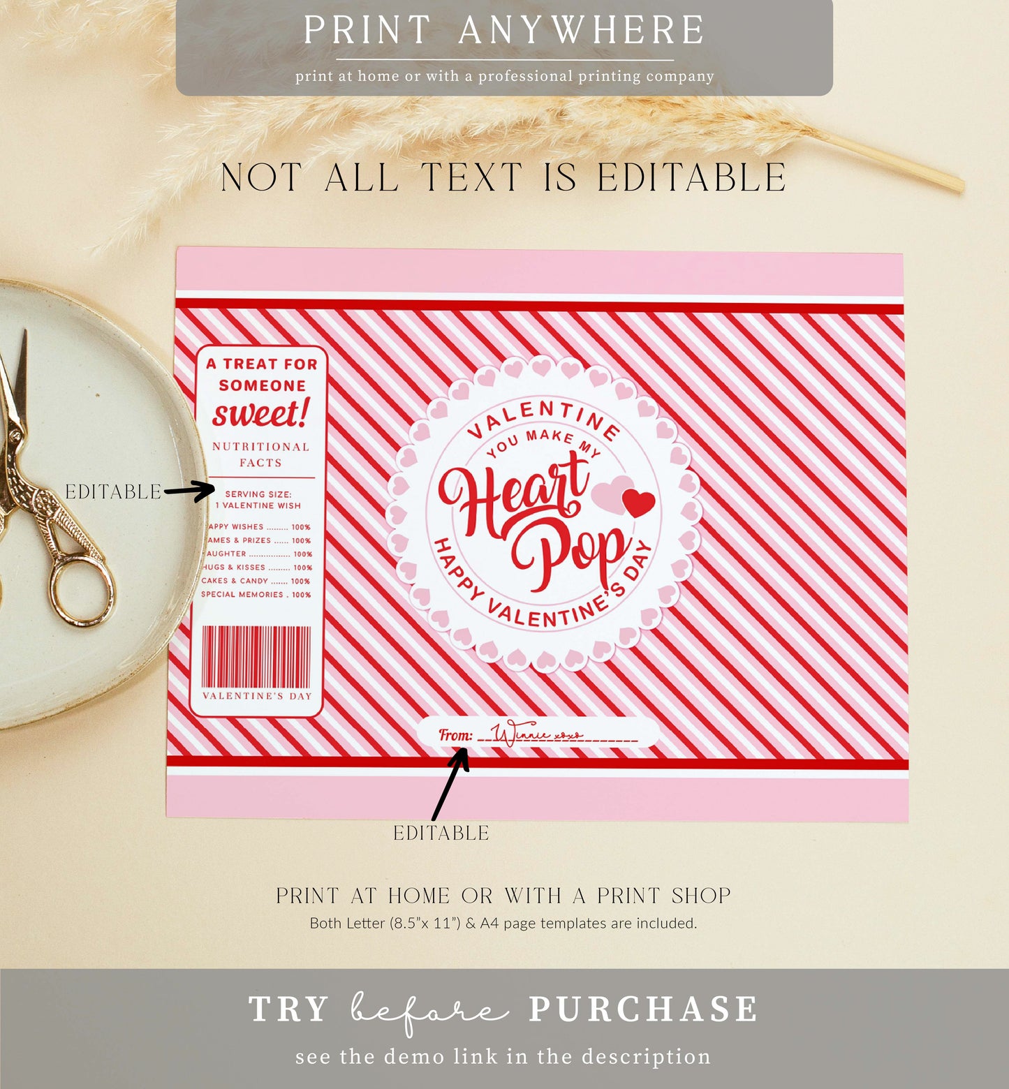 Stripe Red Pink | Printable Valentine's Day Popcorn Bag Template