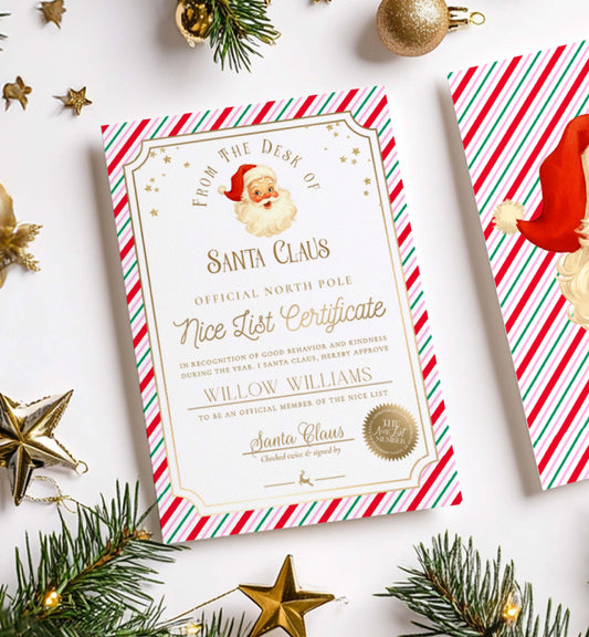 Santa Claus Nice List Certificate with Christmas decorations on a white background. Printable Nice List Certificate Template, Approved Nice List Member Letter From Santa Claus, North Pole Mail Christmas Nice List, Stripe