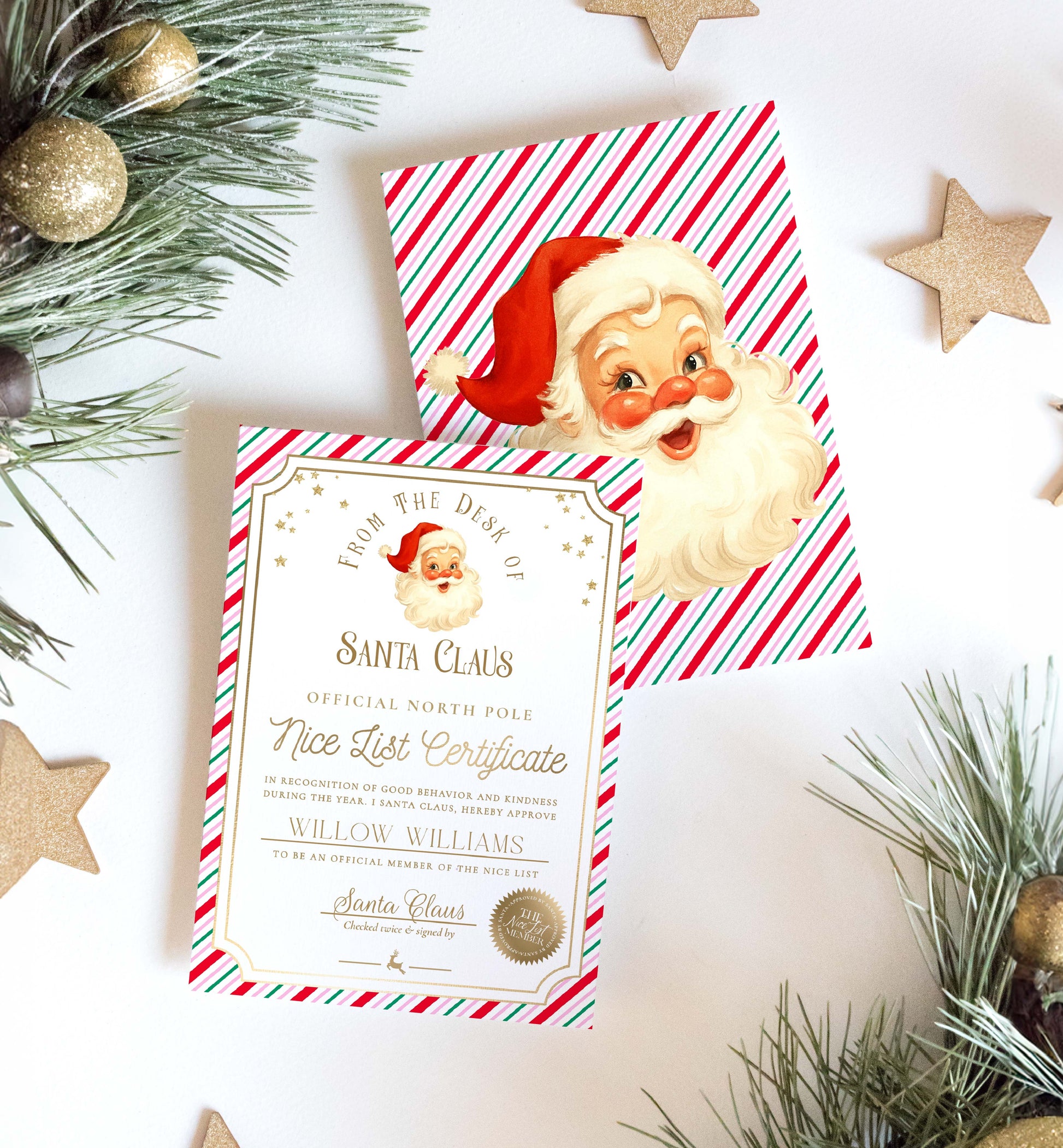 Santa Claus-themed certificate with candy cane stripes on a festive background. Printable Nice List Certificate Template, Approved Nice List Member Letter From Santa Claus, North Pole Mail Christmas Nice List, Stripe