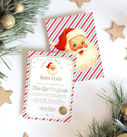 Santa Claus-themed certificate with candy cane stripes on a festive background. Printable Nice List Certificate Template, Approved Nice List Member Letter From Santa Claus, North Pole Mail Christmas Nice List, Stripe