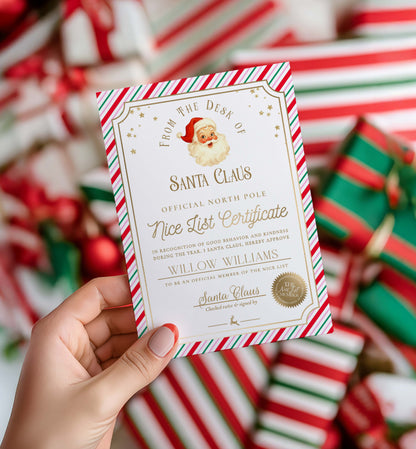 Hand holding a 'Nice List Certificate' from Santa Claus with Christmas-themed background. Printable Nice List Certificate Template, Approved Nice List Member Letter From Santa Claus, North Pole Mail Christmas Nice List, Stripe